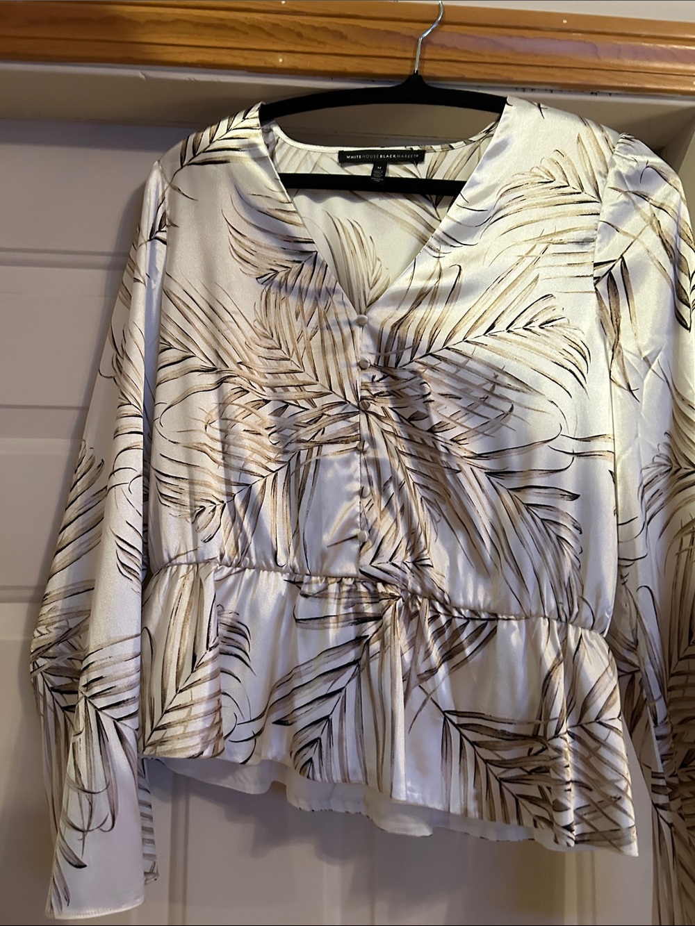 White House Black Market Cream and Brown Palm-Print V-Neck Peplum Blouse